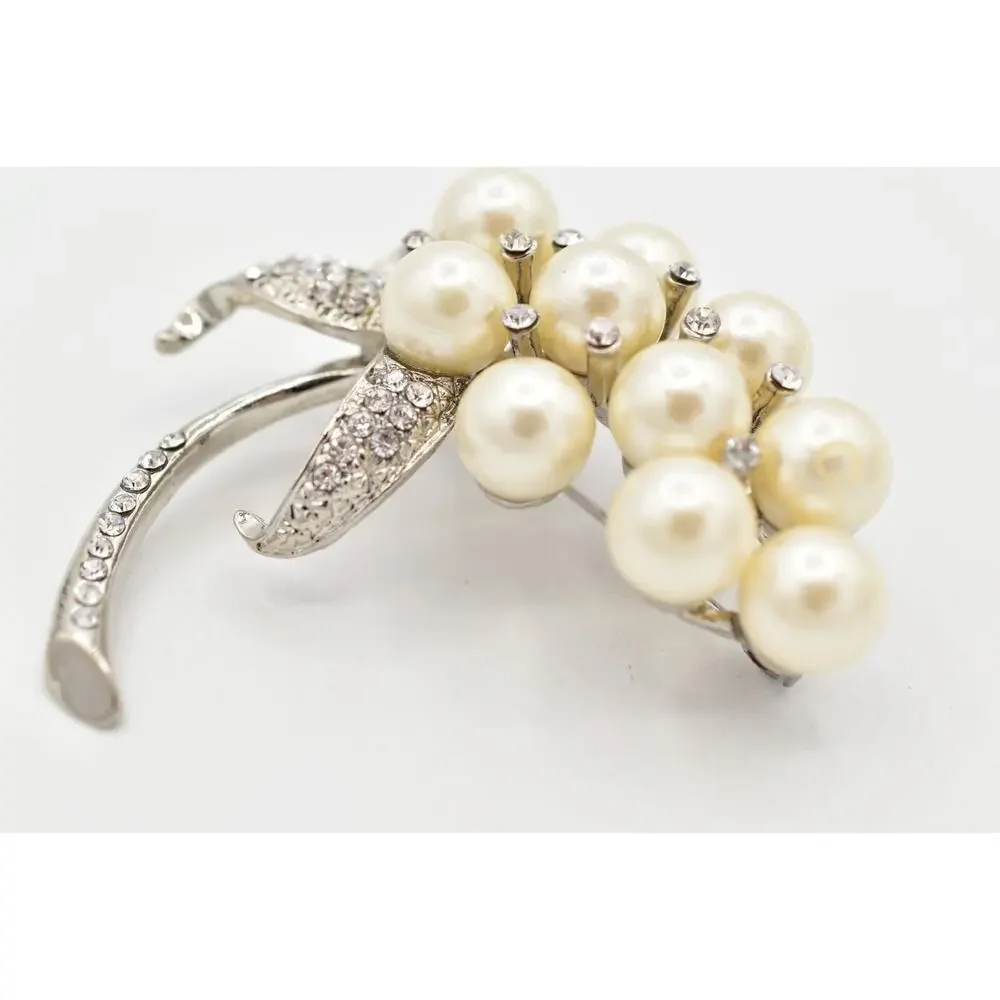 Vintage Crystal Pearl Flower Pin Brooch Burst Pave Shiny Bridal Ice Y2K A26